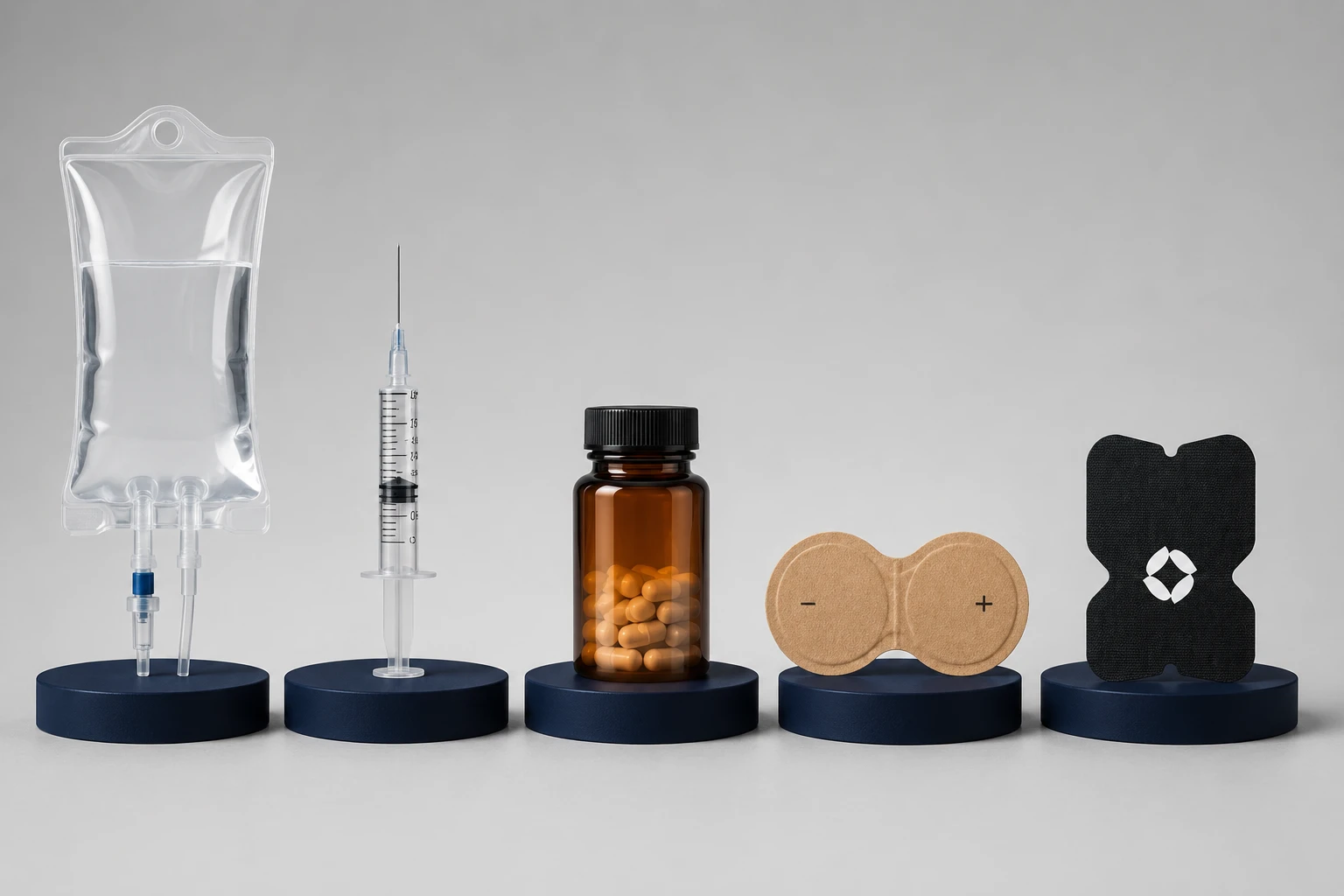 The five NAD+ delivery methods we compared: IV drip, injection, oral supplement, generic patch, BioSourceHealth NAD+ Patches