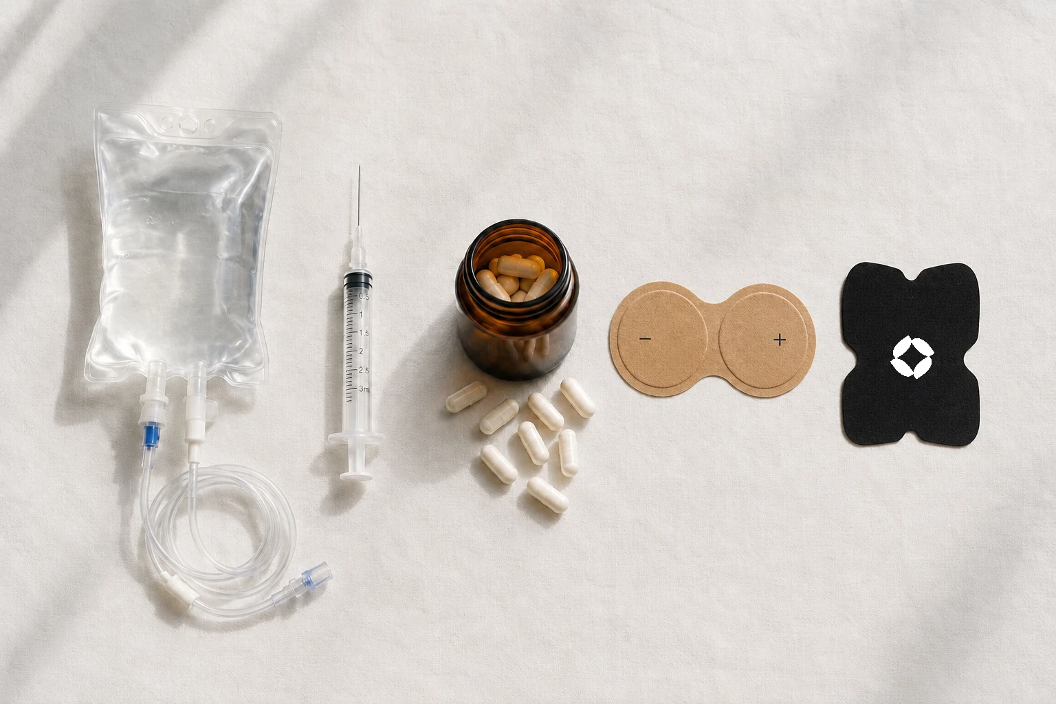 Five NAD+ delivery methods compared: IV drip, injection, oral supplement, generic patch, and BioSourceHealth NAD+ Patch