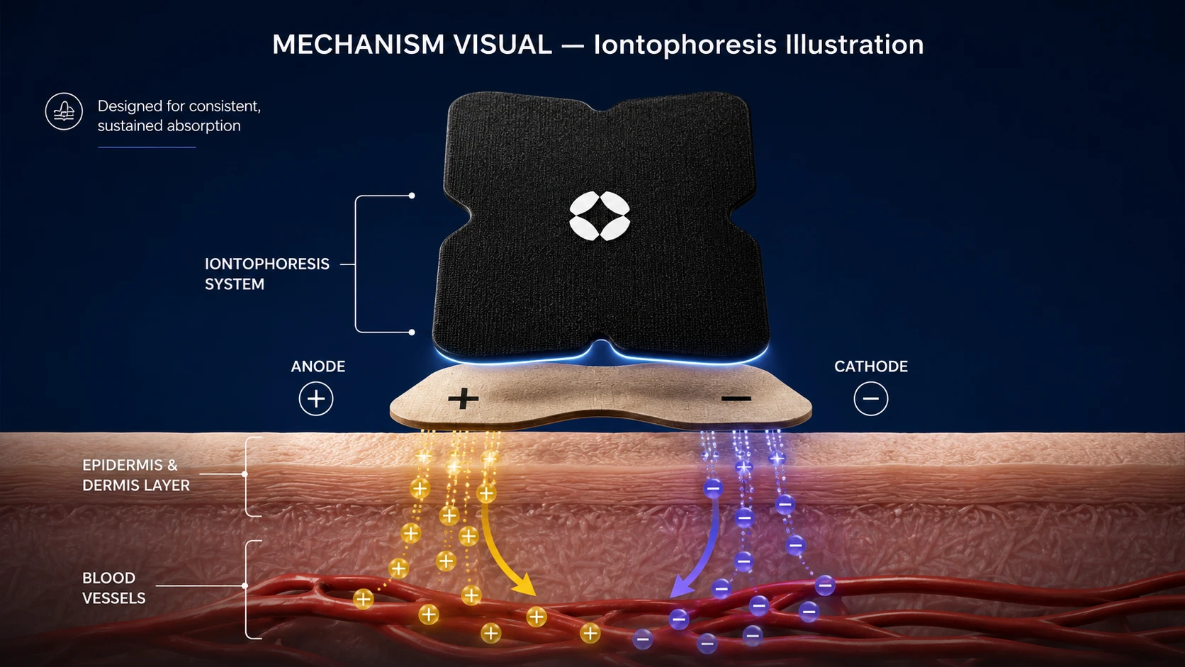 Iontophoresis mechanism illustration — active transdermal transport vs passive diffusion